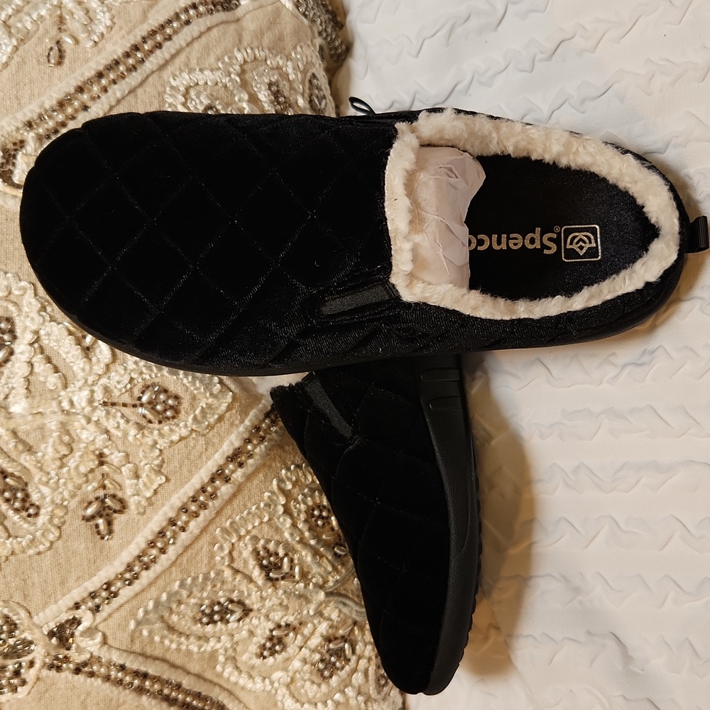 Spenco Orthotic Slippers Black Quilted Faux Fur NWOT Women's 8.5